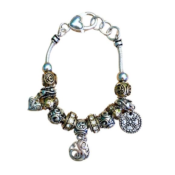 Silver Gold Sparkle Heart Lucky Clover Charm Bracelet - Picture 1 of 7